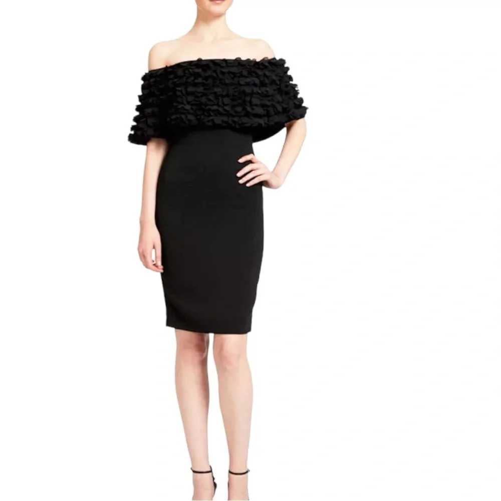 NWT BADGLEY MISCHKA Off-The-Shoulder Petal Black Dress $595 Size 2 - Picture 1 of 5